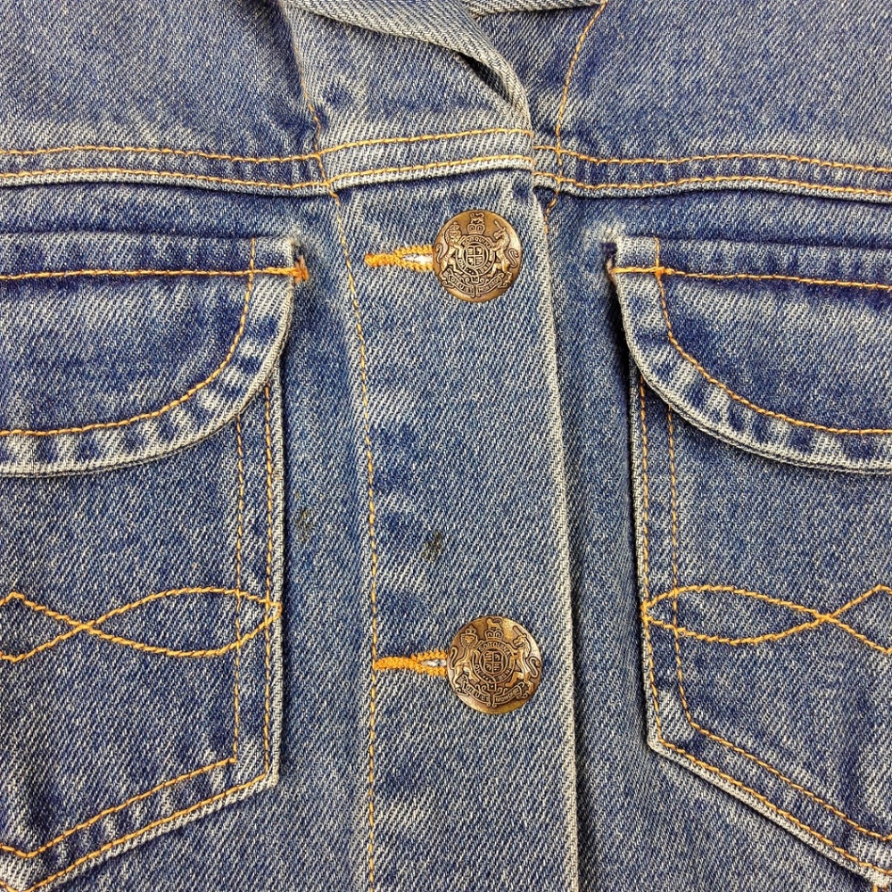 dup CAbi Jean Denim Jacket Gold Tapestry Brocade Sleeves Pockets S - Picture 5 of 8